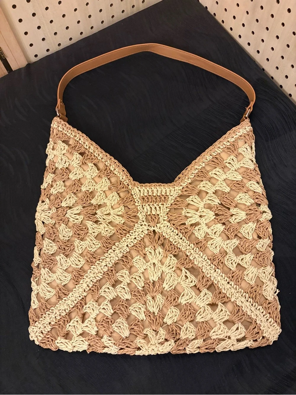 Handmade Two-Tone Crochet Shoulder Bag - Beige & Tan